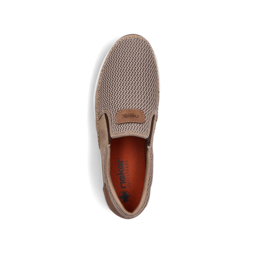 Beige Rieker Herren Slipper 11954-64 mit einem Gummizug sowie Komfortweite G 1/2. Schuh von oben.