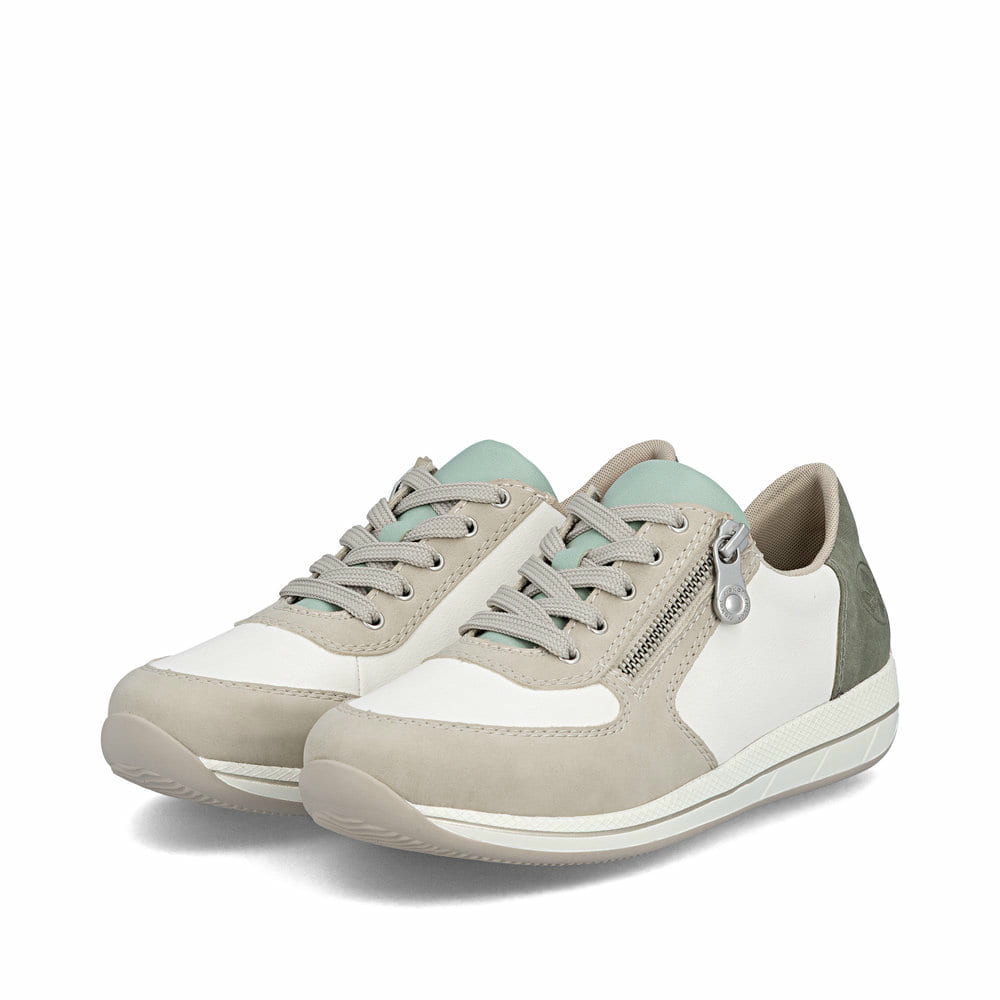 Baskets basses Rieker multicolores femme N1112-92 avec fermeture éclair. Chaussures inclinées sur le côté.