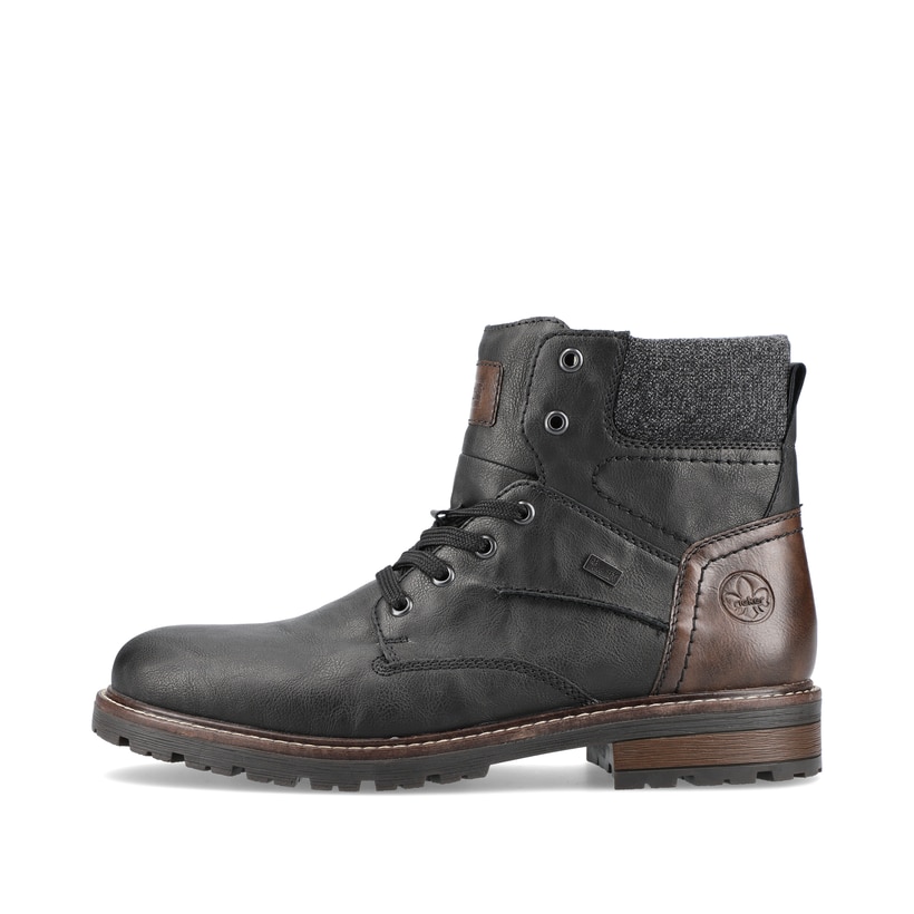
Tiefschwarze Rieker Herren Schnürstiefel 32031-01 mit Schnürung und Reißverschluss. Schuh Außenseite