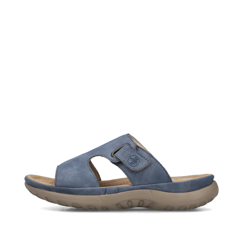Blaue Rieker Damen Pantoletten 64806-10 mit einem Klettverschluss. Schuh Außenseite.