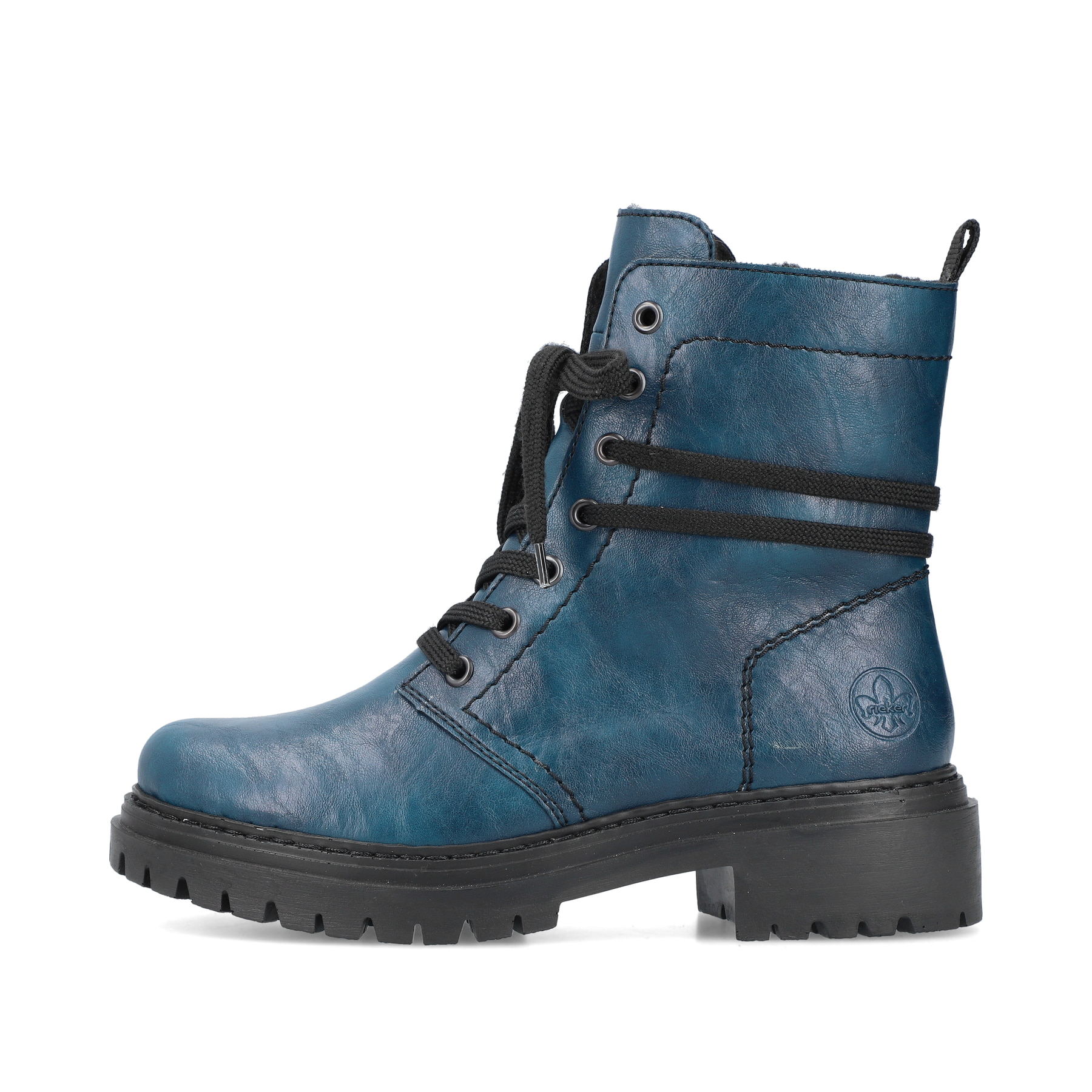 Cyanblaue Rieker Damen Biker Boots 72675-12 mit einer schockabsorbierenden Sohle. Schuh Außenseite