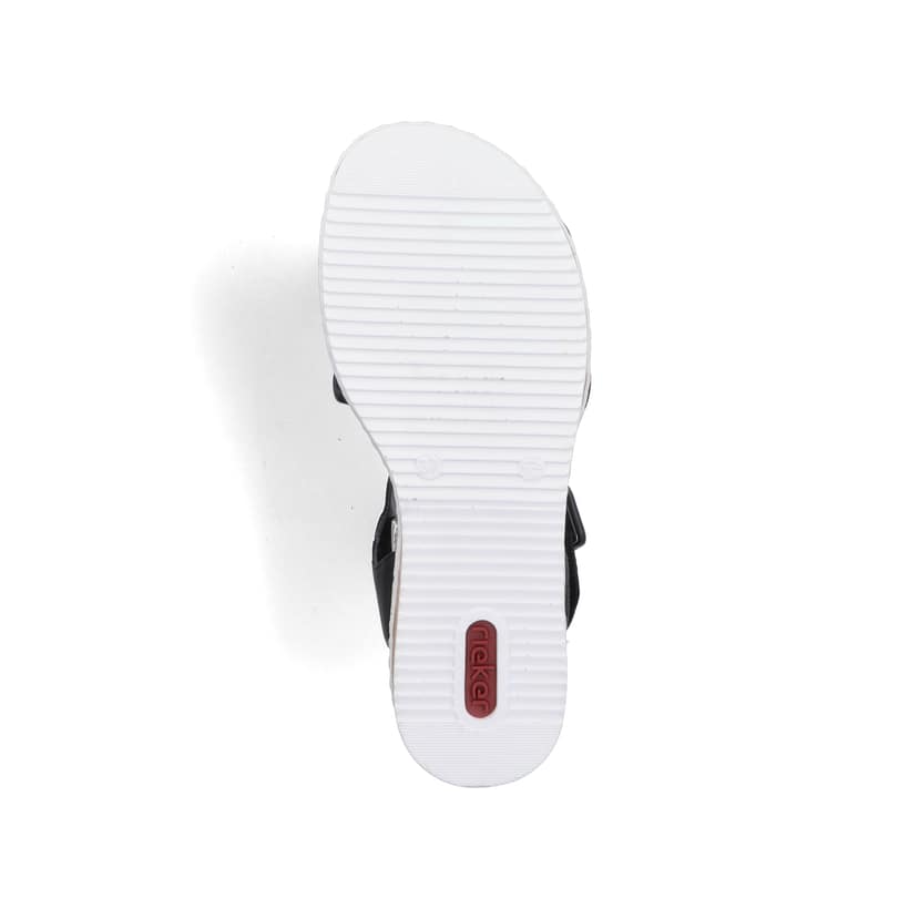 Schwarze Rieker Keilsandaletten V3691-00 mit trendigen Schnalle. Schuh Laufsohle.