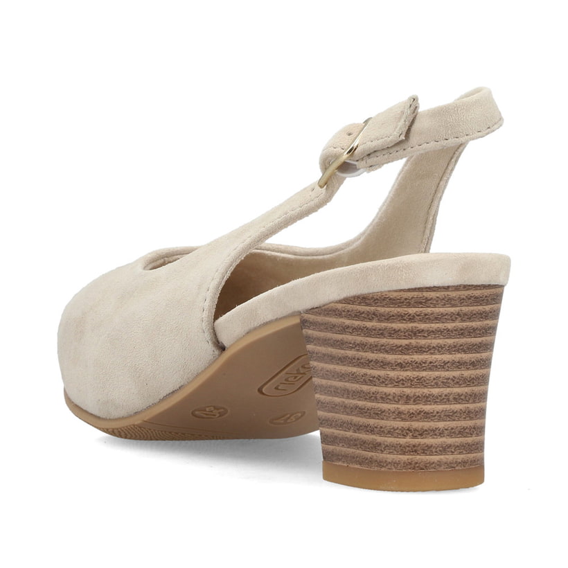 Beige Rieker Slingpumps 44651-60 aus Rauleder mit Schnallen. Schuh von hinten.