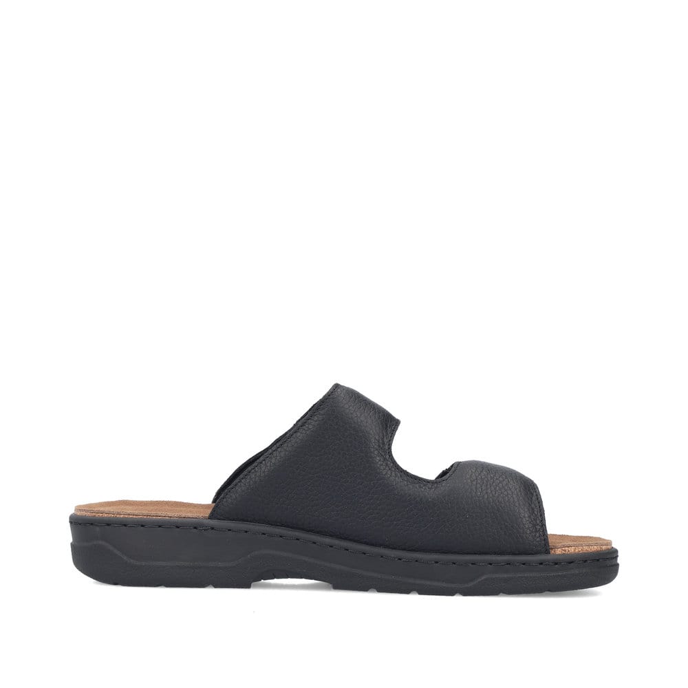 Schwarze Rieker Herren Pantoletten 20390-00 aus Glattleder mit Klettverschluss. Schuh Innenseite.