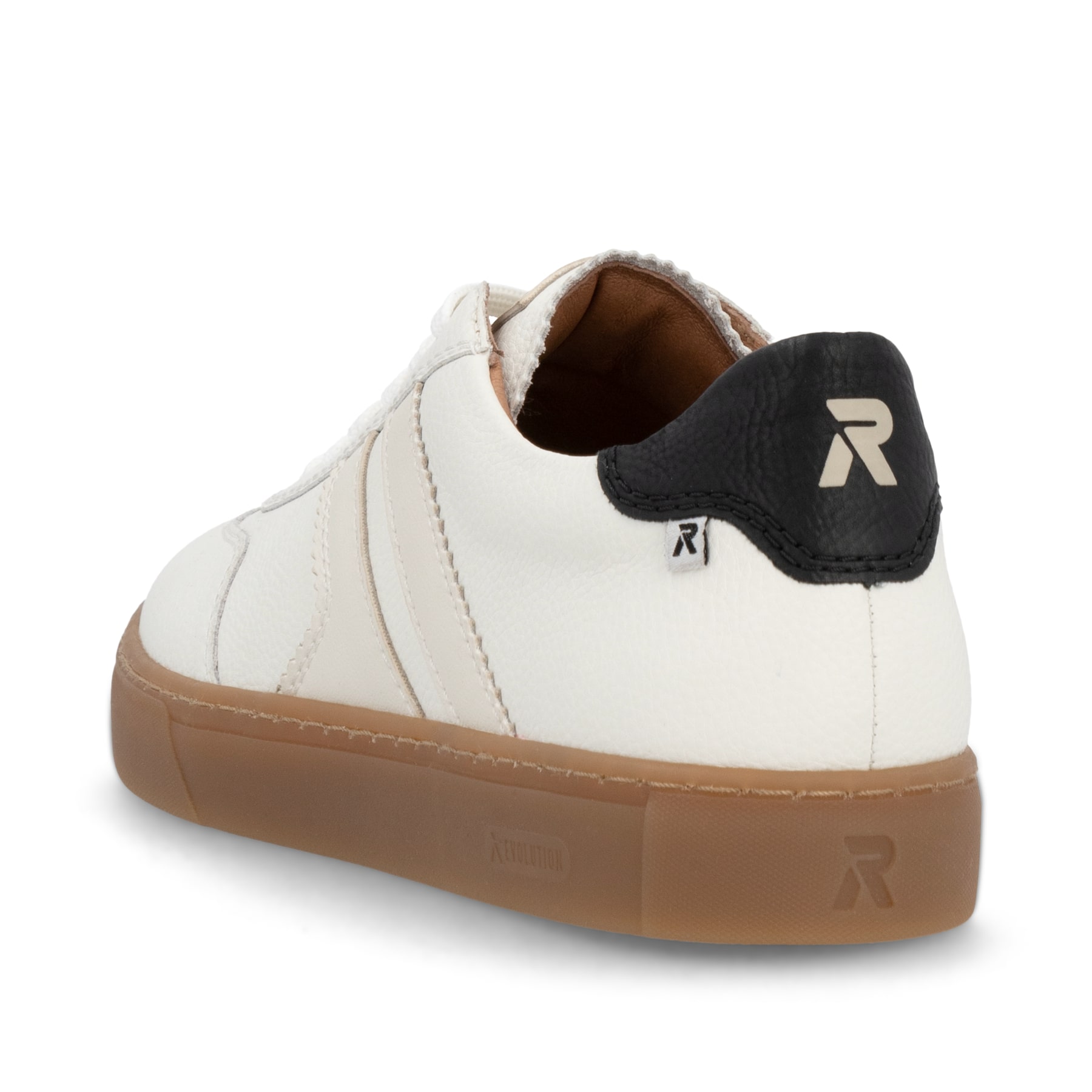Weiße Rieker Herren Sneaker Low U0707-80 im Retro-Look mit weißen Streifen an der Seite sowie einer Schnürung. Schuh von hinten.