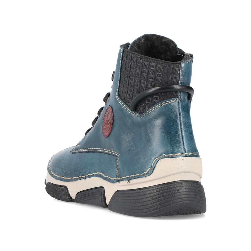 Cyanblaue Rieker Damen Schnürstiefel 45943-12 mit einer schockabsorbierenden Sohle. Schuh von hinten
