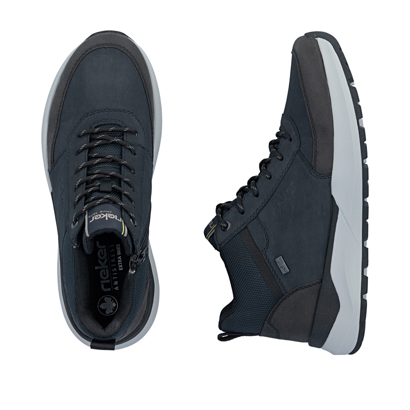 Dunkelblau-schwarze Rieker Herren Schnürstiefel 06003-14 mit Reißverschluss. Schuh von oben, liegend.
