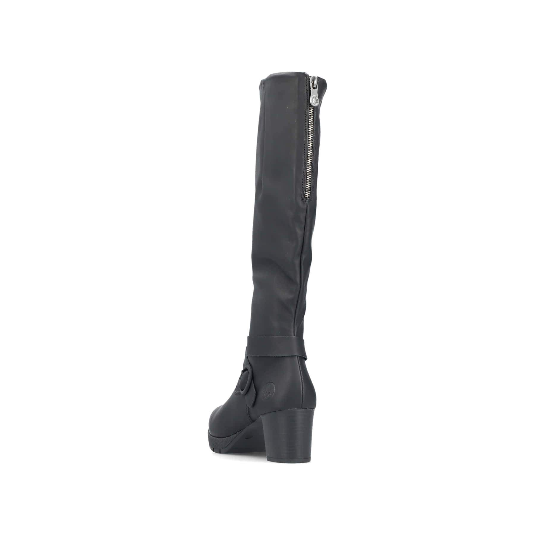 Schwarze Rieker Damen Hochschaftstiefel 77690-00 mit einem Reißverschluss. Schuh von hinten.