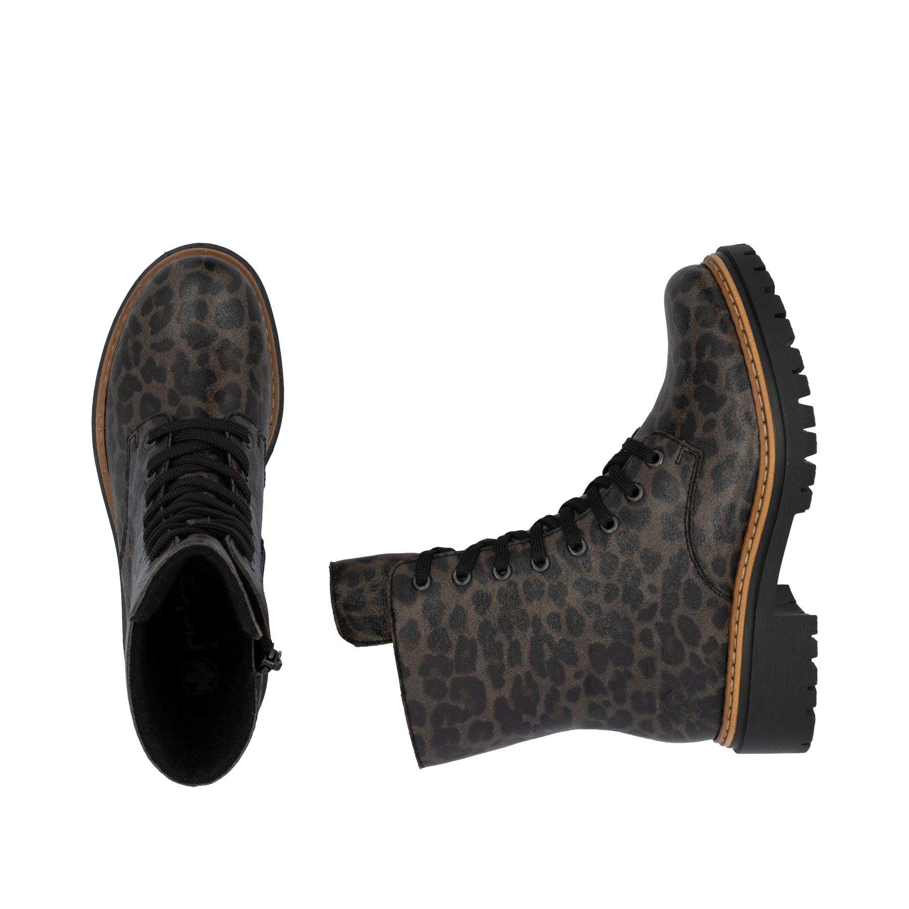 Mehrfarbige Rieker Damen Biker Boots 72627-90 mit Leo-Print sowie Reißverschluss. Schuh von oben, liegend.