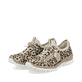 Beige Rieker Damen Slipper N4263-92 mit Deko-Reißverschluss sowie einem Gummizug. Schuhpaar seitlich schräg.