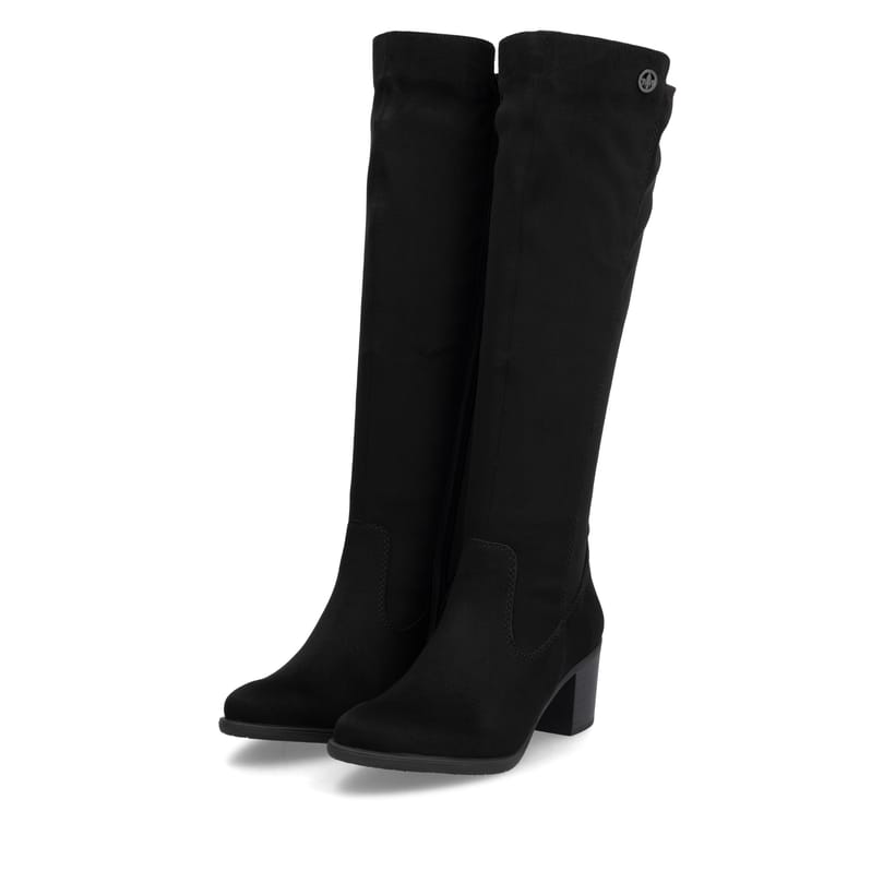 Schwarze Rieker Damen Hochschaftstiefel Y2050-01 mit einem Reißverschluss. Schuhpaar seitlich schräg.