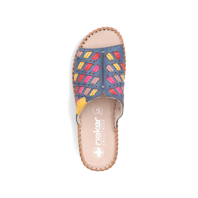 Meeresblaue Rieker Damen Pantoletten 61336-90 mit der Komfortweite G. Schuh von oben.