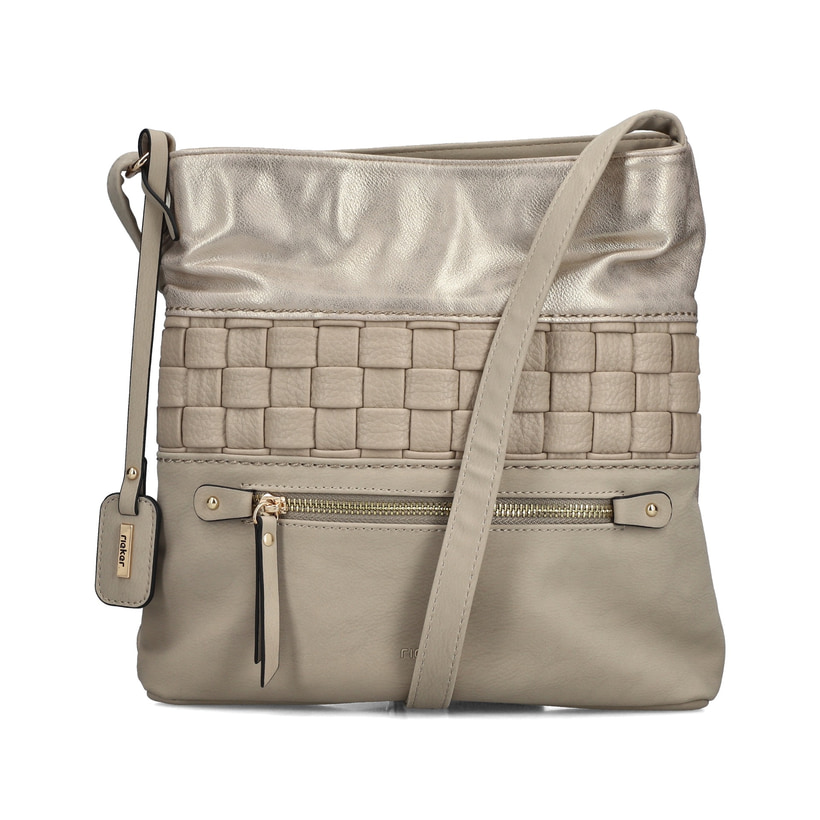 Sac à bandoulière Rieker H1301-62 beige avec motif tissé, détails dorés et fermeture éclair. Devant.