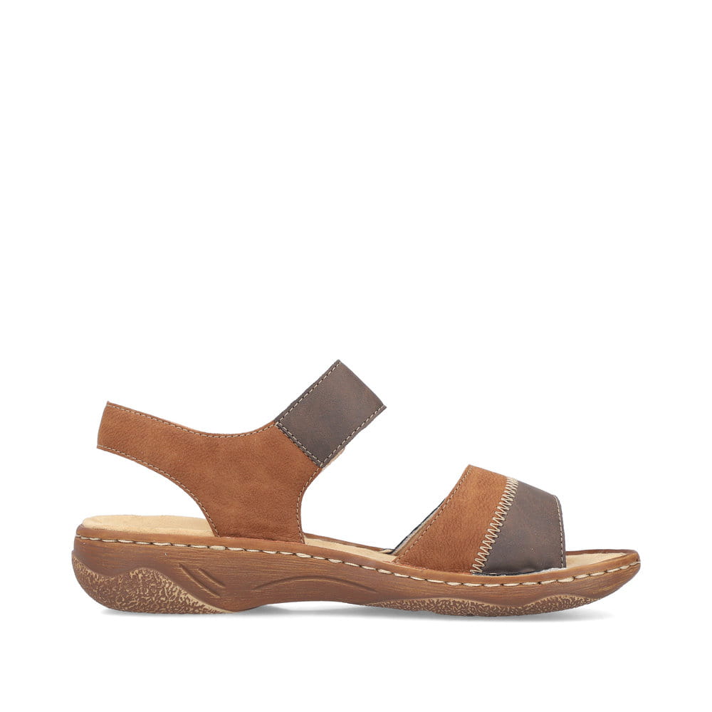Braune Rieker Damen Riemchensandalen V2860-24 mit handgestickten Nähten. Schuh Innenseite.