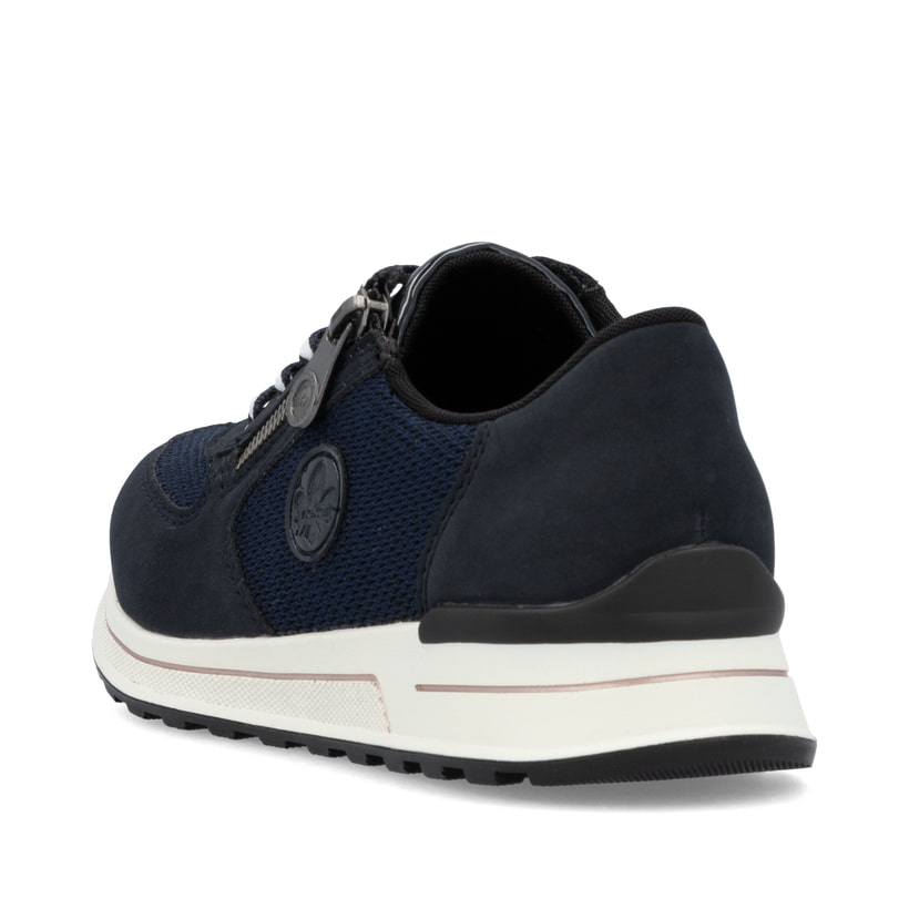 Blaue Rieker Damen Sneaker Low N1411-14 mit einem Reißverschluss. Schuh von hinten.