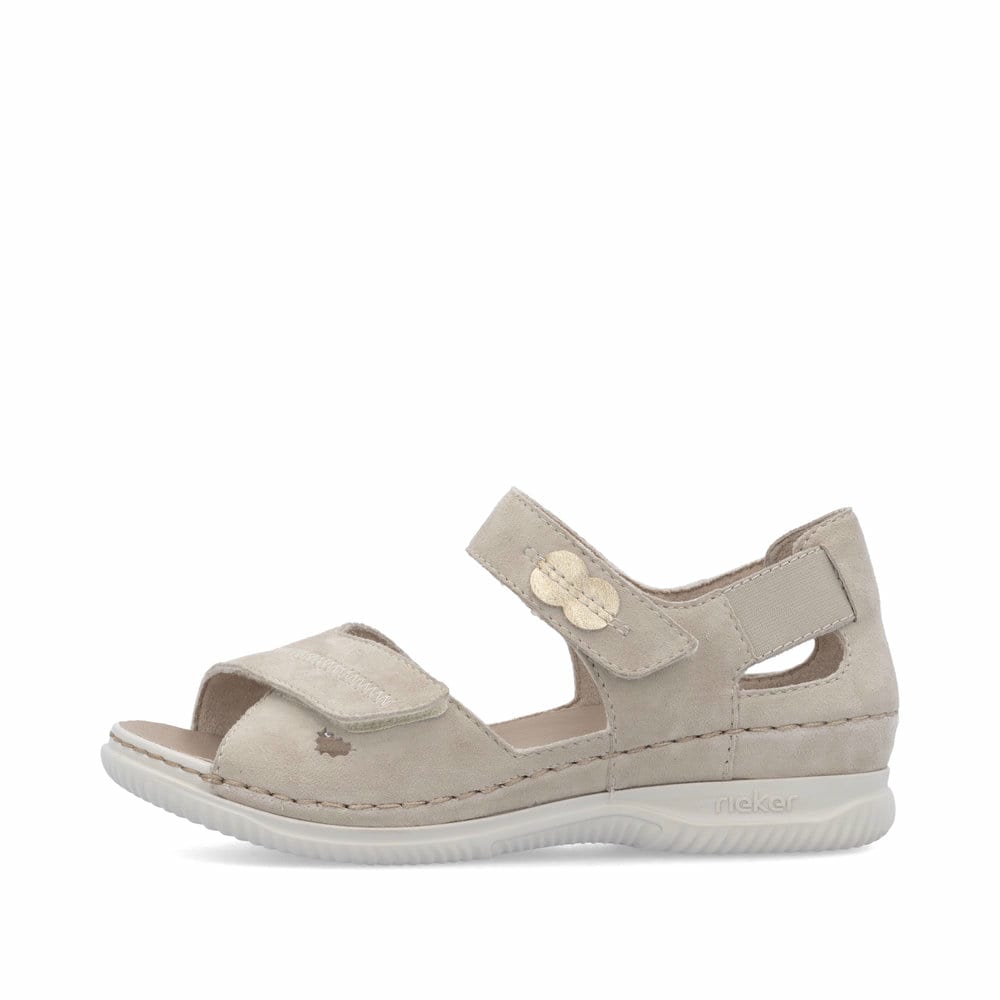 Beige Rieker Damen Riemchensandalen V7474-60 mit einem Klettverschluss. Schuh Außenseite.