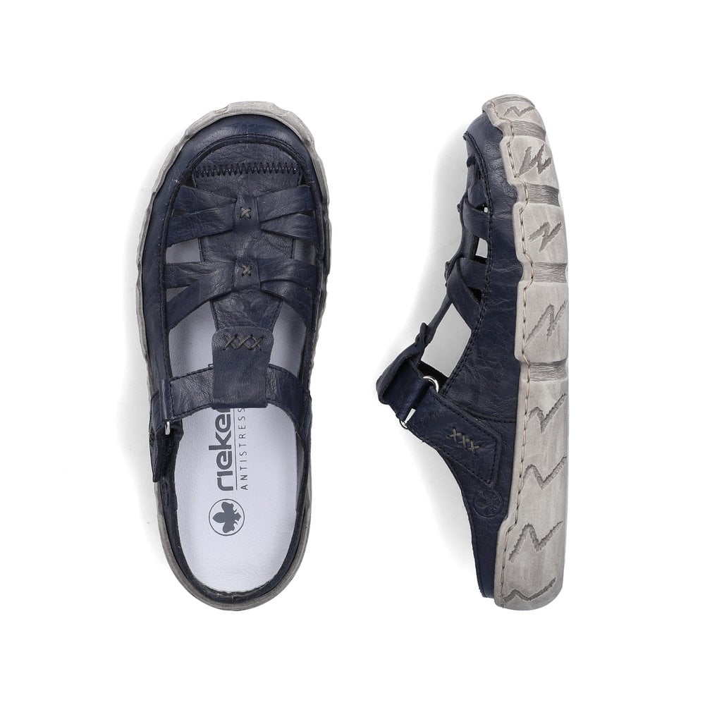 Dunkelblaue Rieker Damen Clogs L0396-14 aus Glattleder mit raffinierten Cut-Outs. Schuh von oben, liegend.