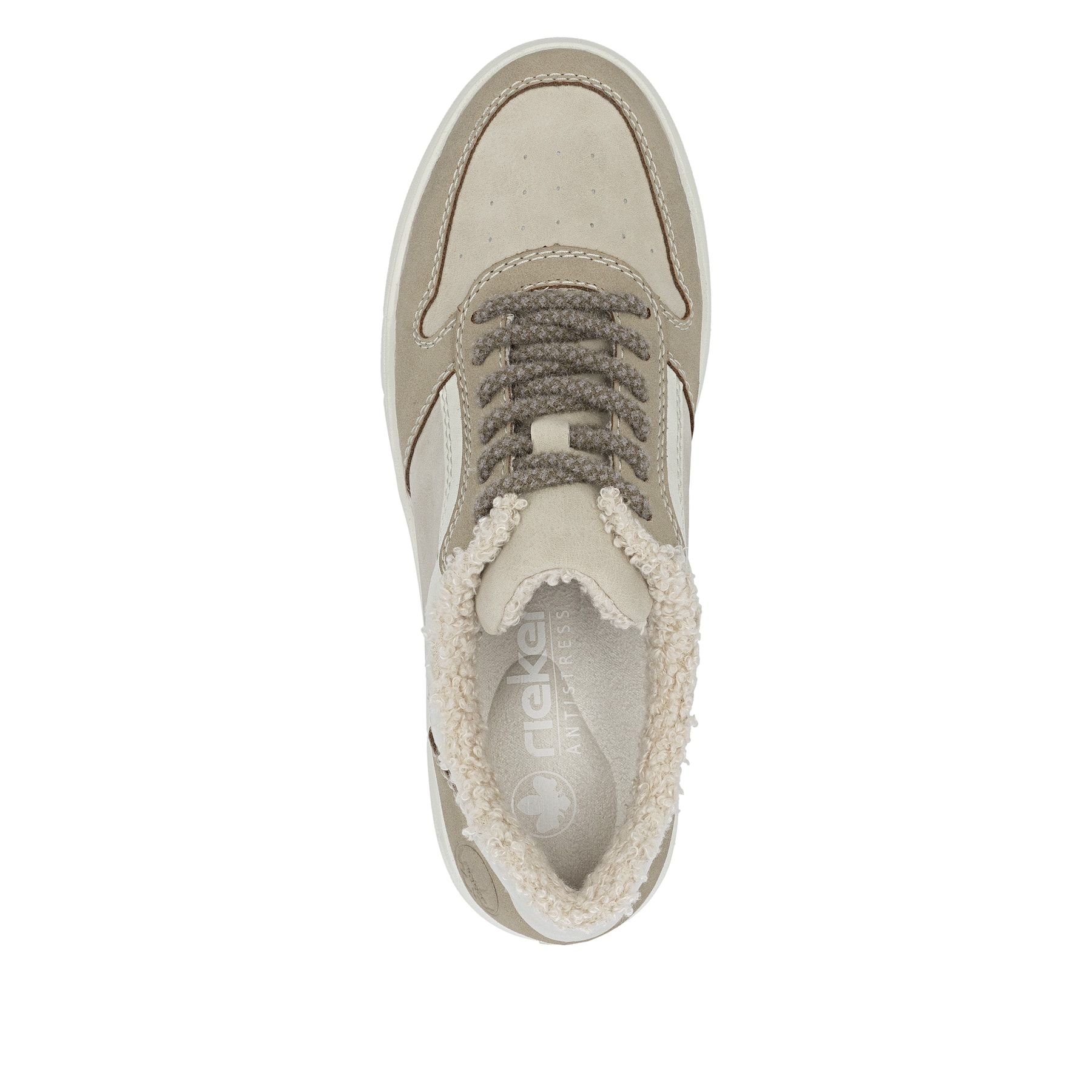 Beige Rieker Damen Sneaker Low M7700-62 mit Schaftkragen sowie einer Schnürung. Schuh von oben.