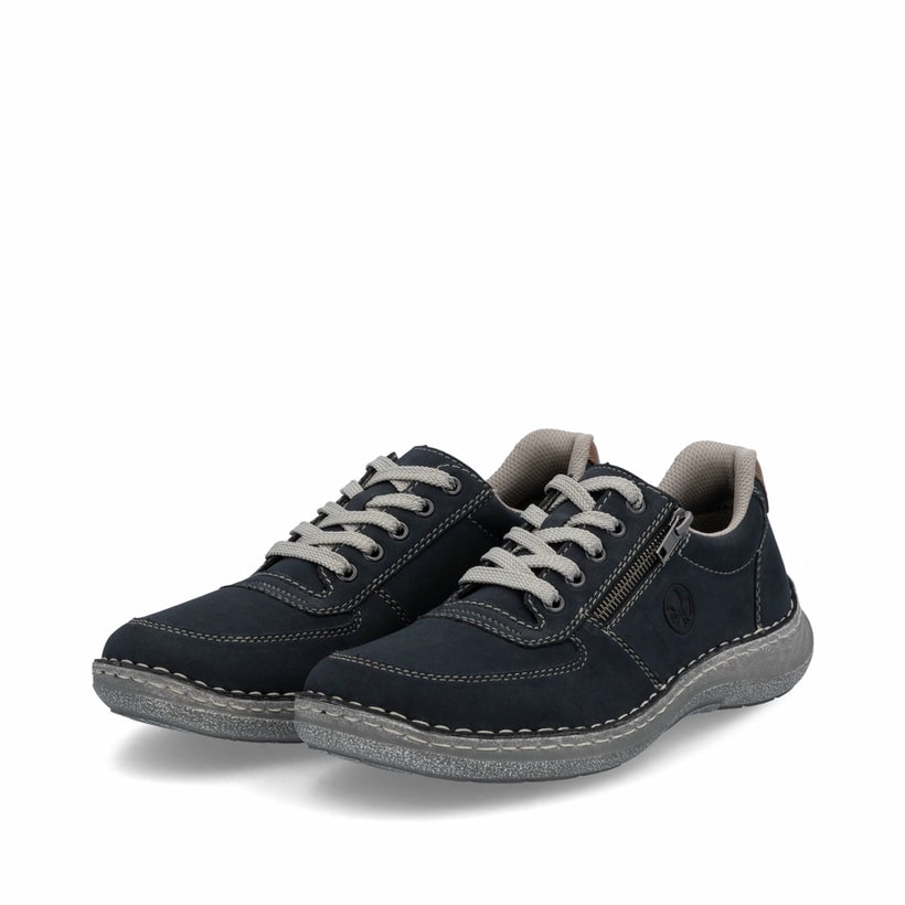 Blaue Rieker Herren Schnürschuhe 03030-14 mit Reißverschluss sowie Extraweite H. Schuhpaar seitlich schräg.
