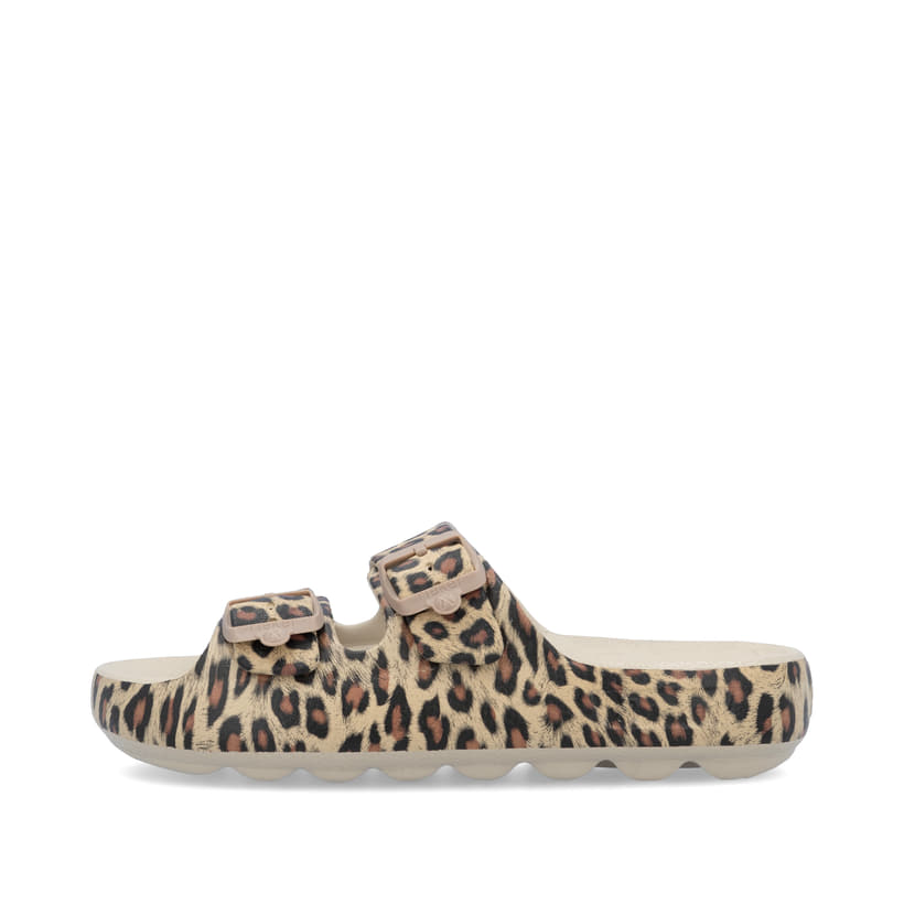 Mehrfarbige Rieker Damen Pantoletten P2450-90 mit einem Schnallen. Schuh Außenseite.
