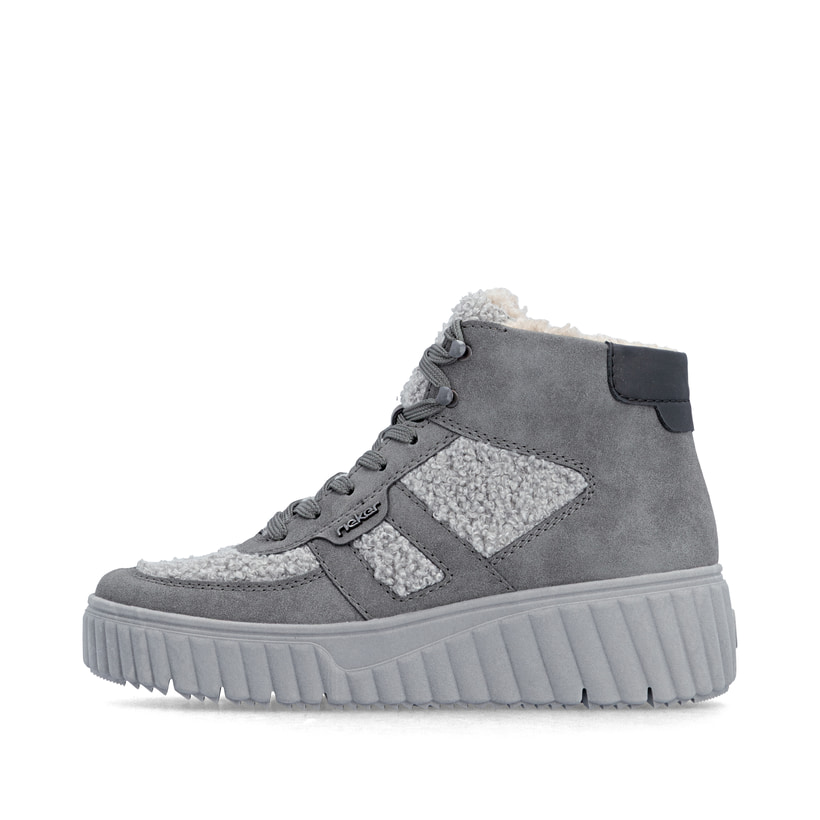 Dunkelgraue Rieker Damen Sneaker High N2515-45 mit Teddyfell-Details. Schuh Außenseite.