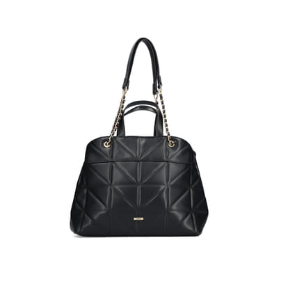 Rieker Shopper H1610-00 in Schwarz mit goldener verflochtener Kette, Reißverschluss und Innenfach. Vorderseite.