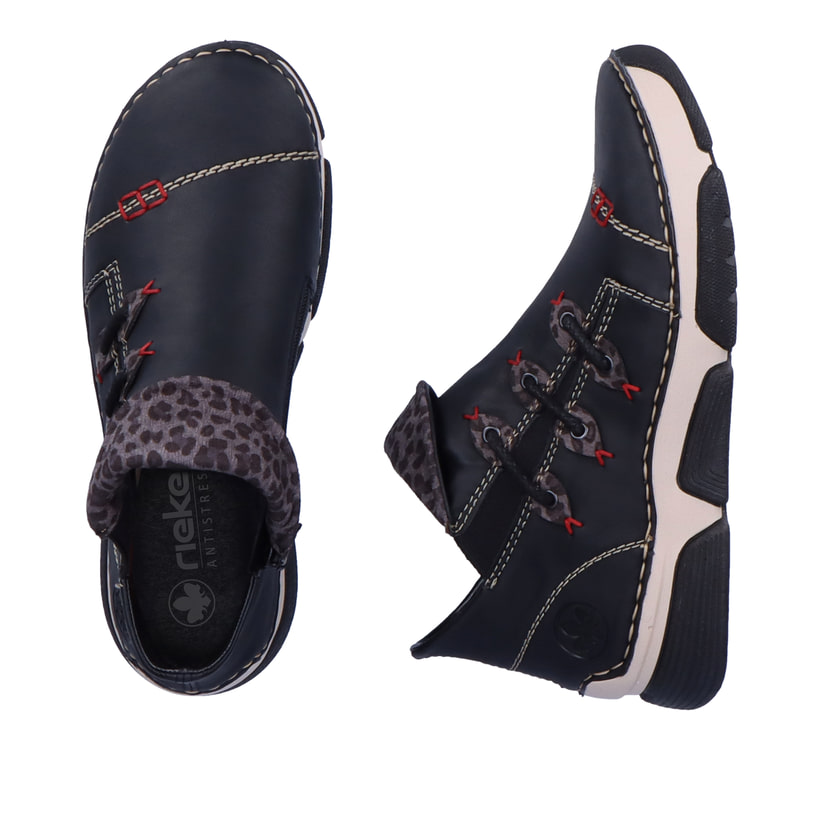 Schwarz-graue Rieker Damen Kurzstiefel 45983-00 mit einem Reißverschluss. Schuh von oben, liegend.