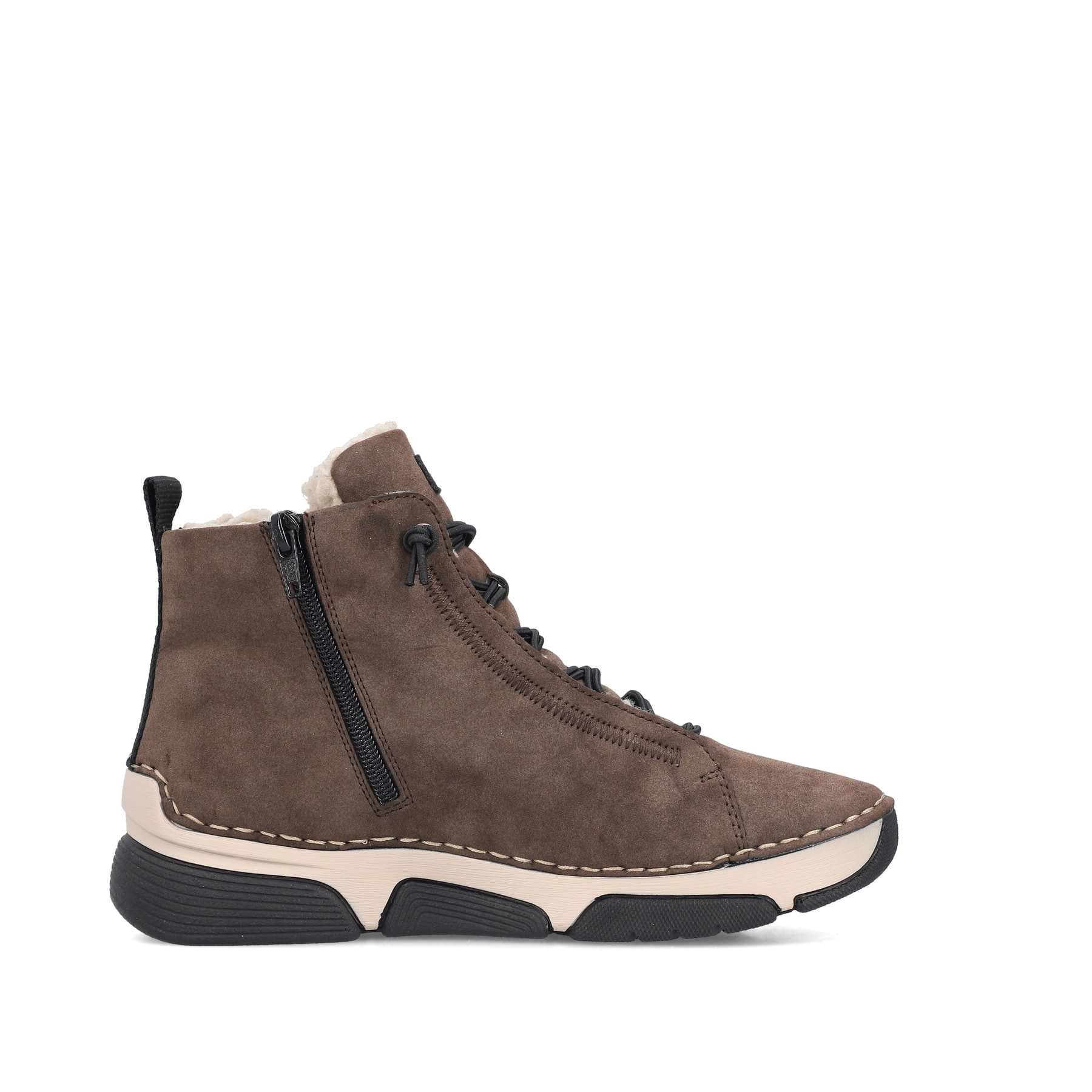 Dunkelbraun-schwarze Rieker Damen Schnürstiefel 45912-25 mit Anflechter-Naht. Schuh Innenseite.