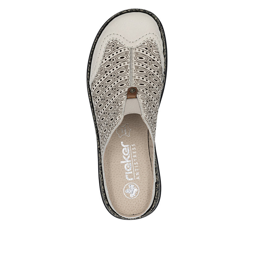 Beige Rieker Damen Clogs 46376-60 aus Glattleder mit eleganten Zierlochungen. Schuh von oben.