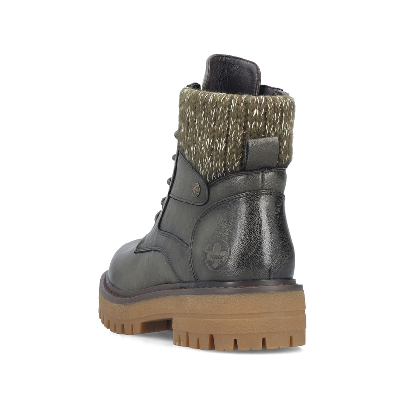 Dunkelgrüne Rieker Damen Schnürstiefel 92920-54 mit einem Reißverschluss. Schuh von hinten.