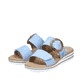 Blaue Rieker Damen Pantoletten V0692-10 mit trendiger Schnalle. Schuhpaar seitlich schräg.
