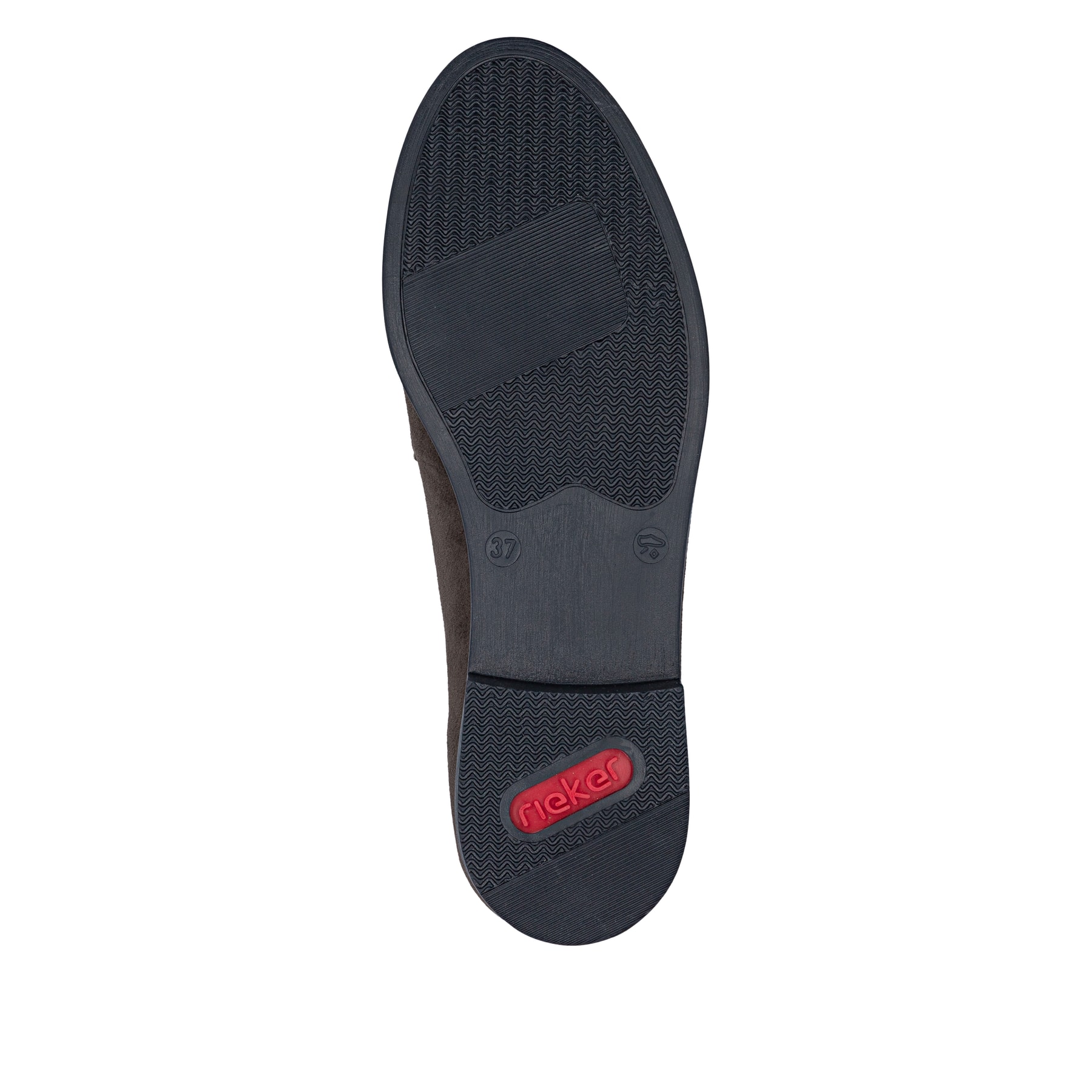 Dunkelbraune Rieker Damen Loafer 46262-25 aus Rauleder mit Schmuckelementen. Schuh Laufsohle.
