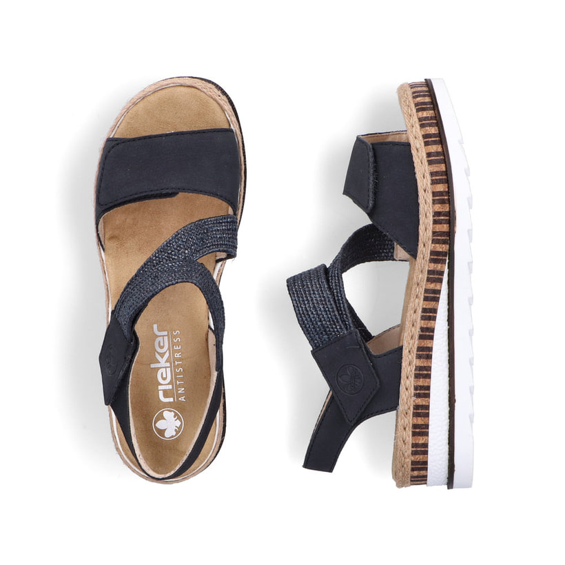 Blaue Rieker Damen Riemchensandalen V7974-14 mit einem Klettverschluss. Schuh von oben, liegend.