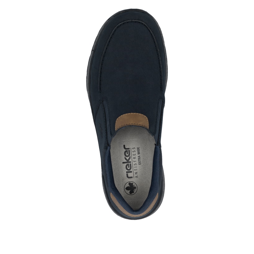 Dunkelblaue Rieker Herren Slipper B9062-15 mit einer schockabsorbierenden Sohle. Schuh von oben