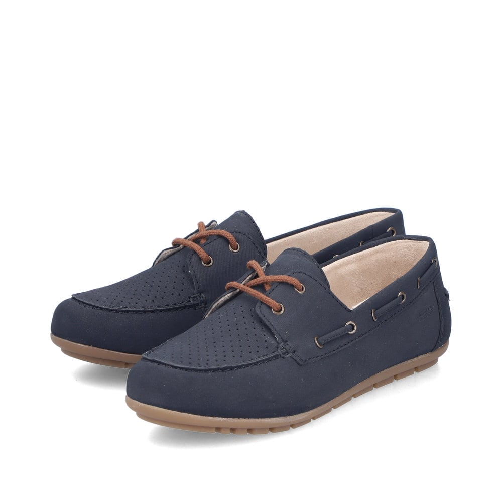 Blaue Rieker Damen Schnürschuhe 43800-15 mit einer herausnehmbaren Einlegesohle. Schuhpaar seitlich schräg.