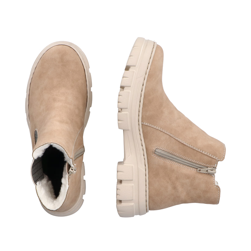 Hellbeige Rieker Damen Chelsea Boots Z7465-60 mit einem Reißverschluss. Schuh von oben, liegend.