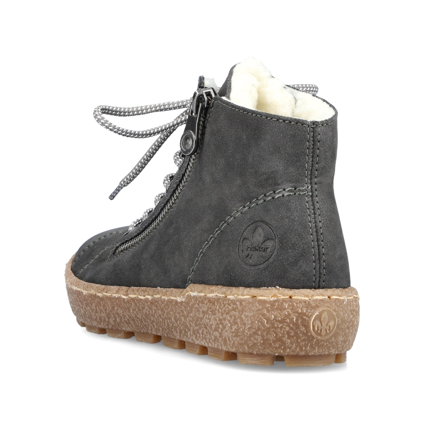 Asphaltgraue Rieker Damen Schnürschuhe N1020-45 mit Schnürung und Reißverschluss. Schuh von hinten