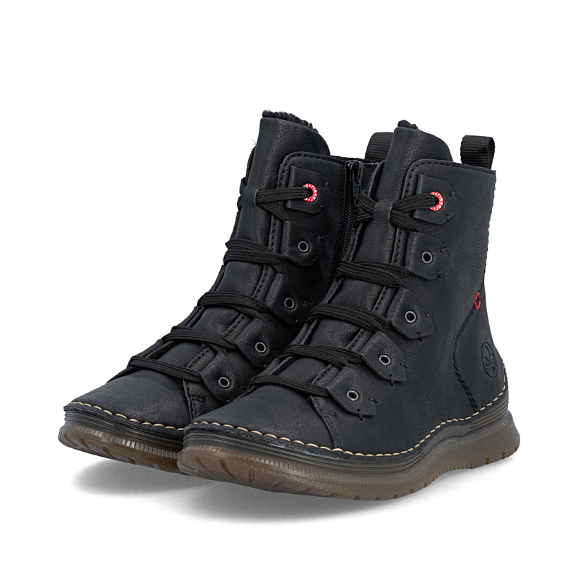 Schwarze Rieker Damen Schnürstiefel 53602-00 mit einem Reißverschluss. Schuhpaar seitlich schräg.