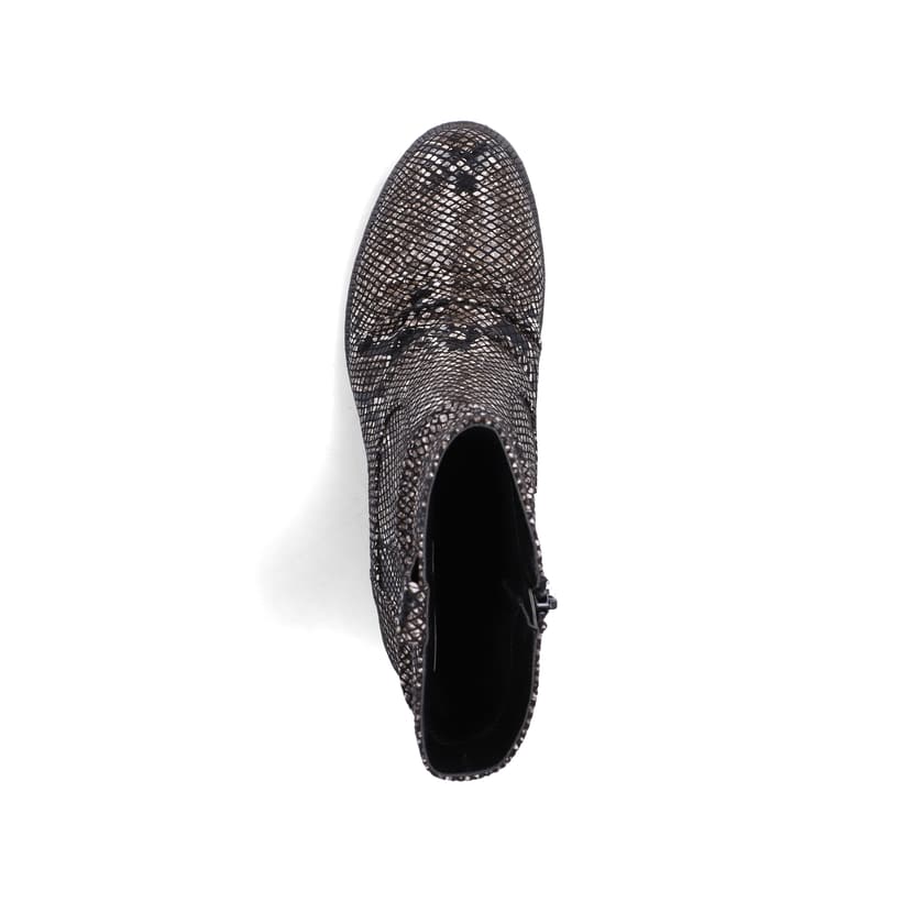 Schwarz-braune Rieker Damen Kurzstiefel 93770-27 mit einem Reißverschluss. Schuh von oben.