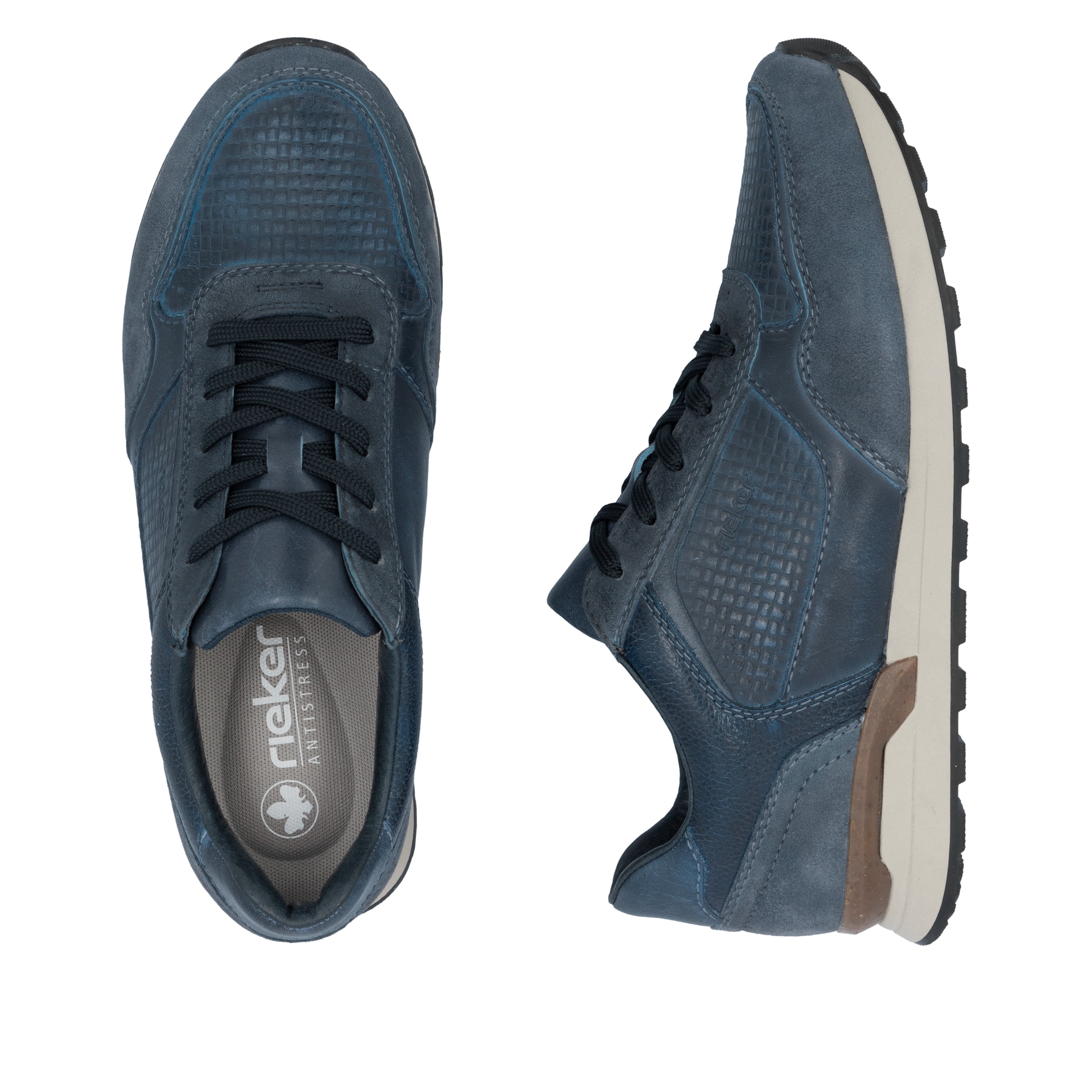 Blaue Rieker Herren Sneaker Low U0311-15 aus Glattleder mit einer Schnürung. Schuh von oben, liegend.