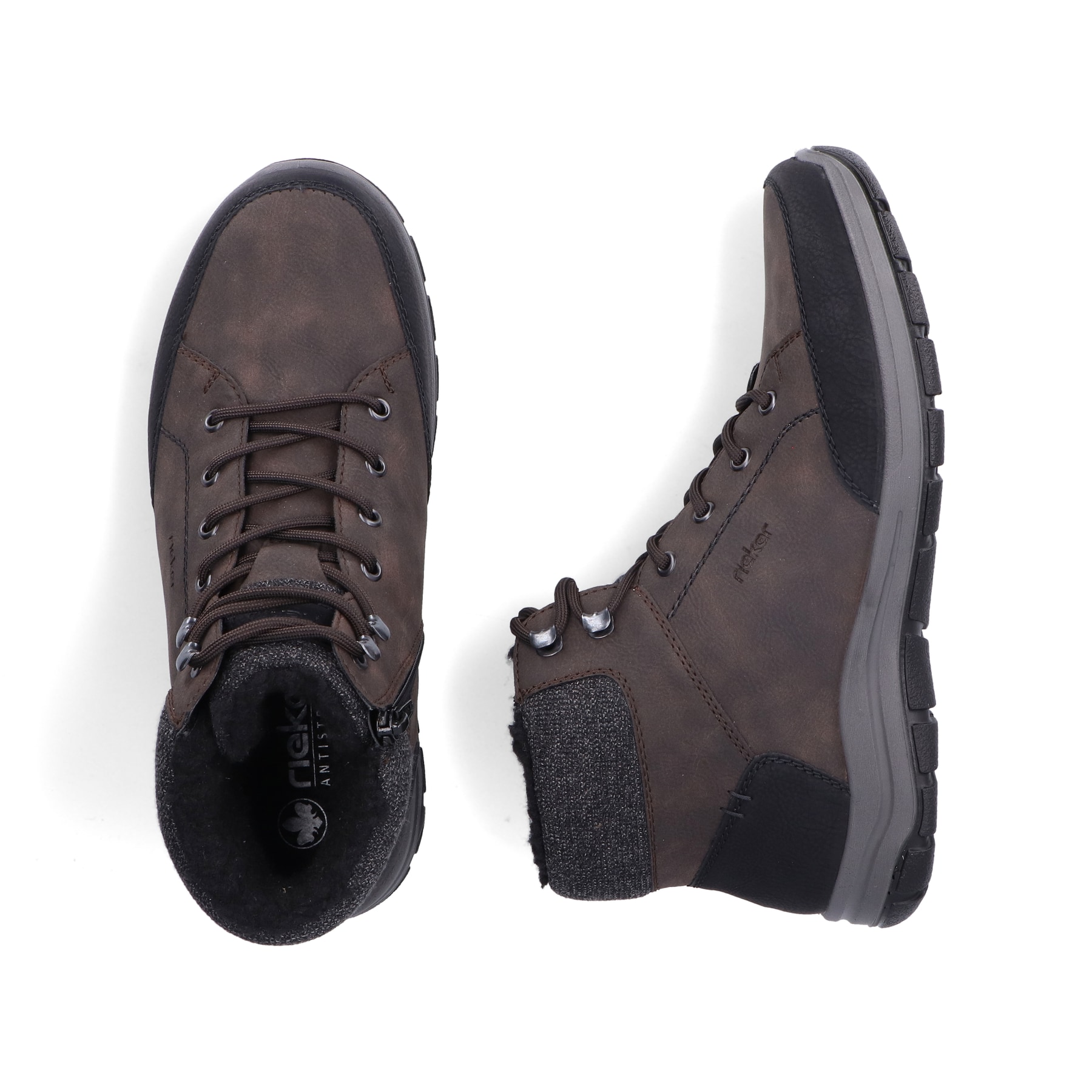 Holzbraune Rieker Herren Schnürstiefel 03640-25 mit einem Reißverschluss. Schuh von oben, liegend.