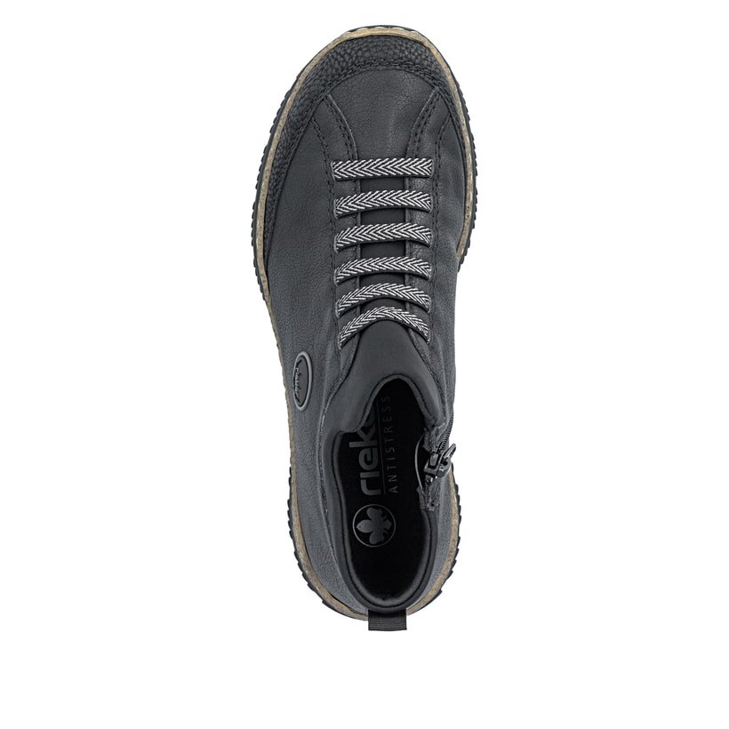 Schwarze Rieker Damen Kurzstiefel N3258-00 mit einem Reißverschluss. Schuh von oben.
