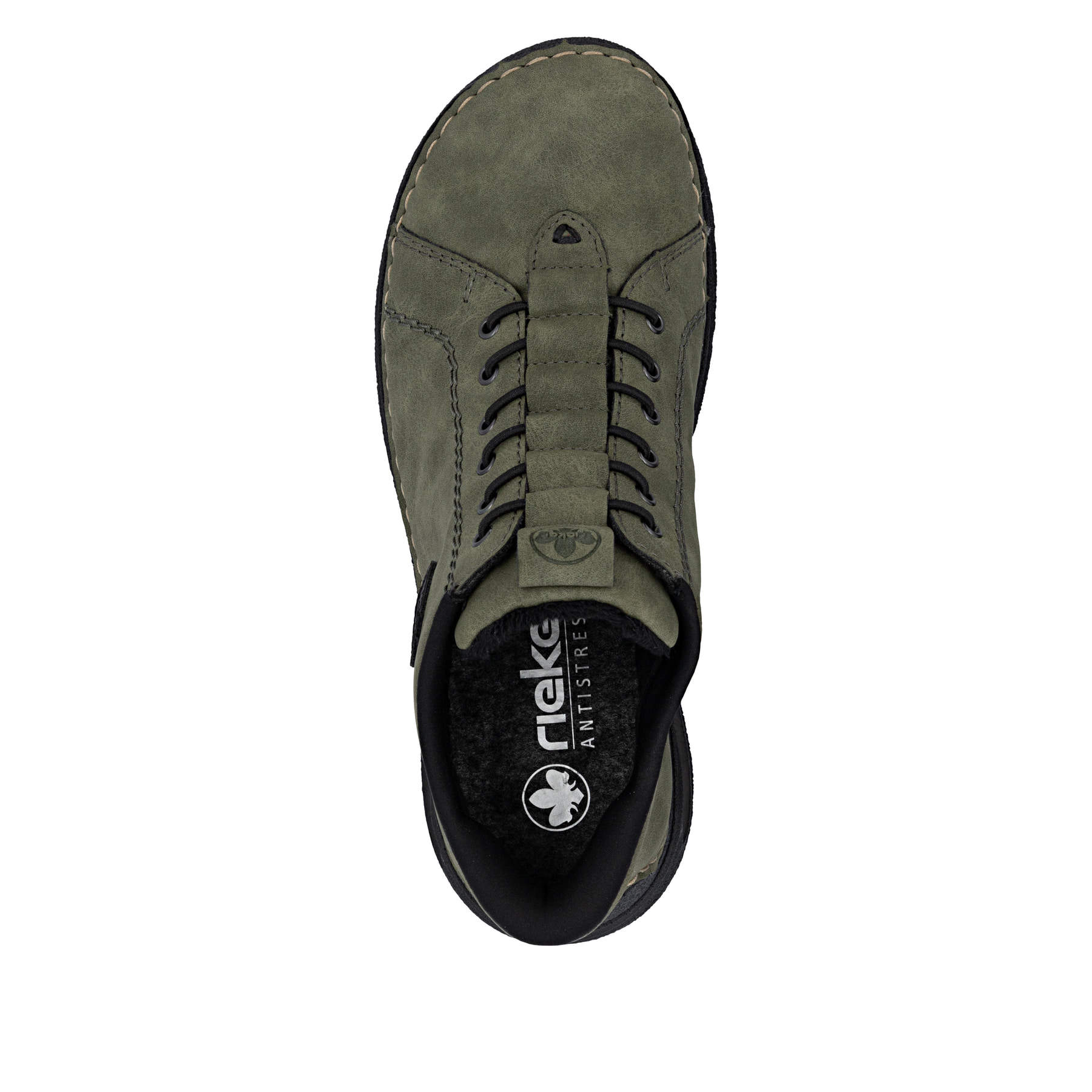 Grünschwarze Rieker Damen Kurzstiefel 44550-54 mit Rieker Air Sohlenfenster. Schuh von oben.