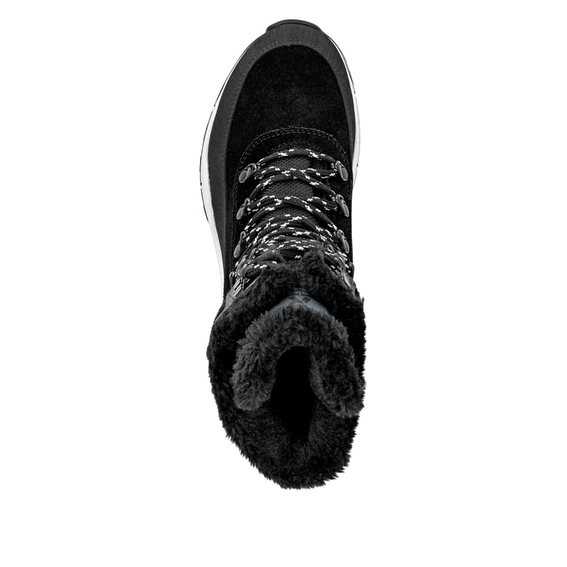 Schwarze Rieker Damen Schnürstiefel W0066-00 mit wasserabweisender TEX-Membran. Schuh von oben.