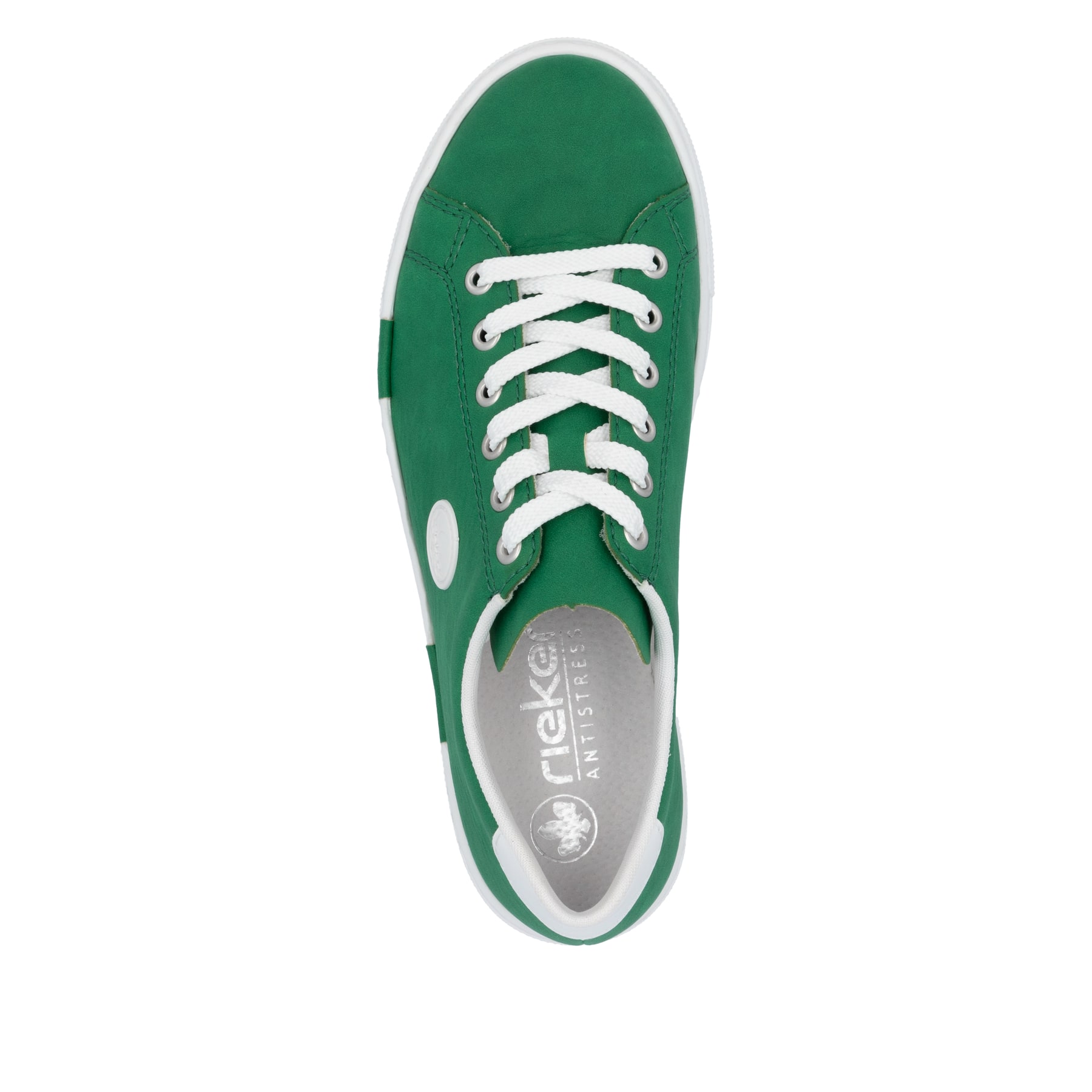 Grüne Rieker Damen Sneaker Low N49W1-52 mit einer Schnürung. Schuh von oben.