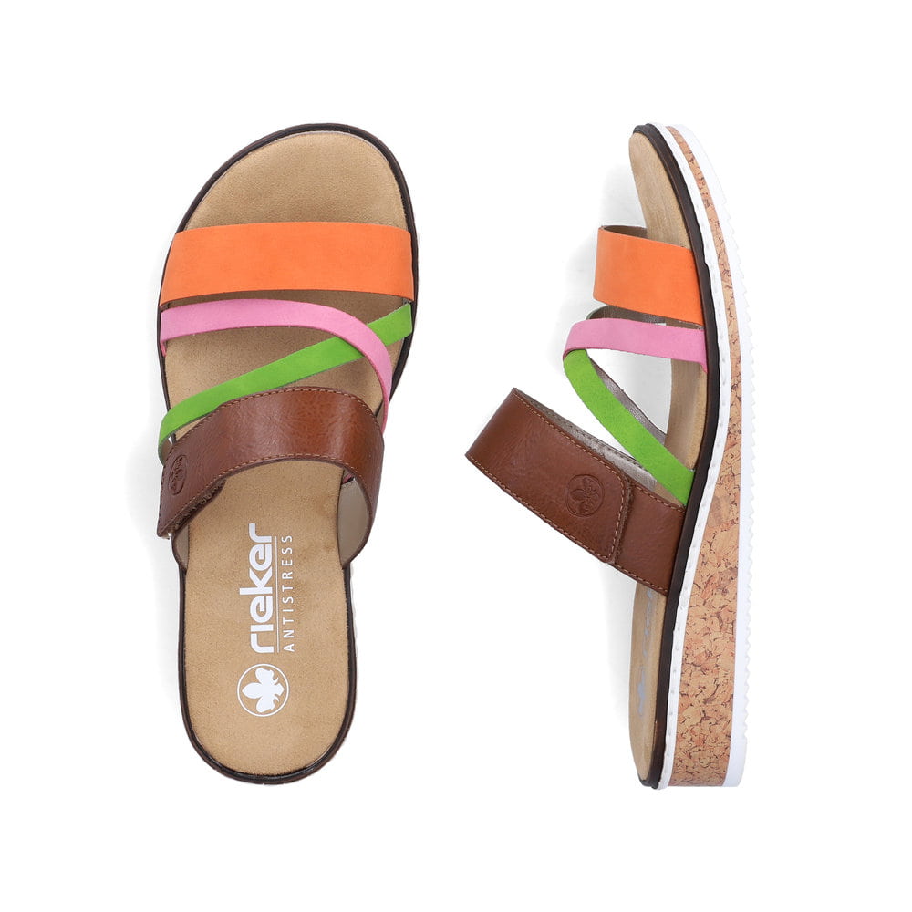 Mehrfarbige Rieker Damen Pantoletten V3652-96 mit einem Klettverschluss. Schuh von oben, liegend.