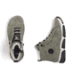 Khaki-schwarze Rieker Damen Schnürstiefel 45912-54 mit markanter Anflechter-Naht. Schuh von oben, liegend.