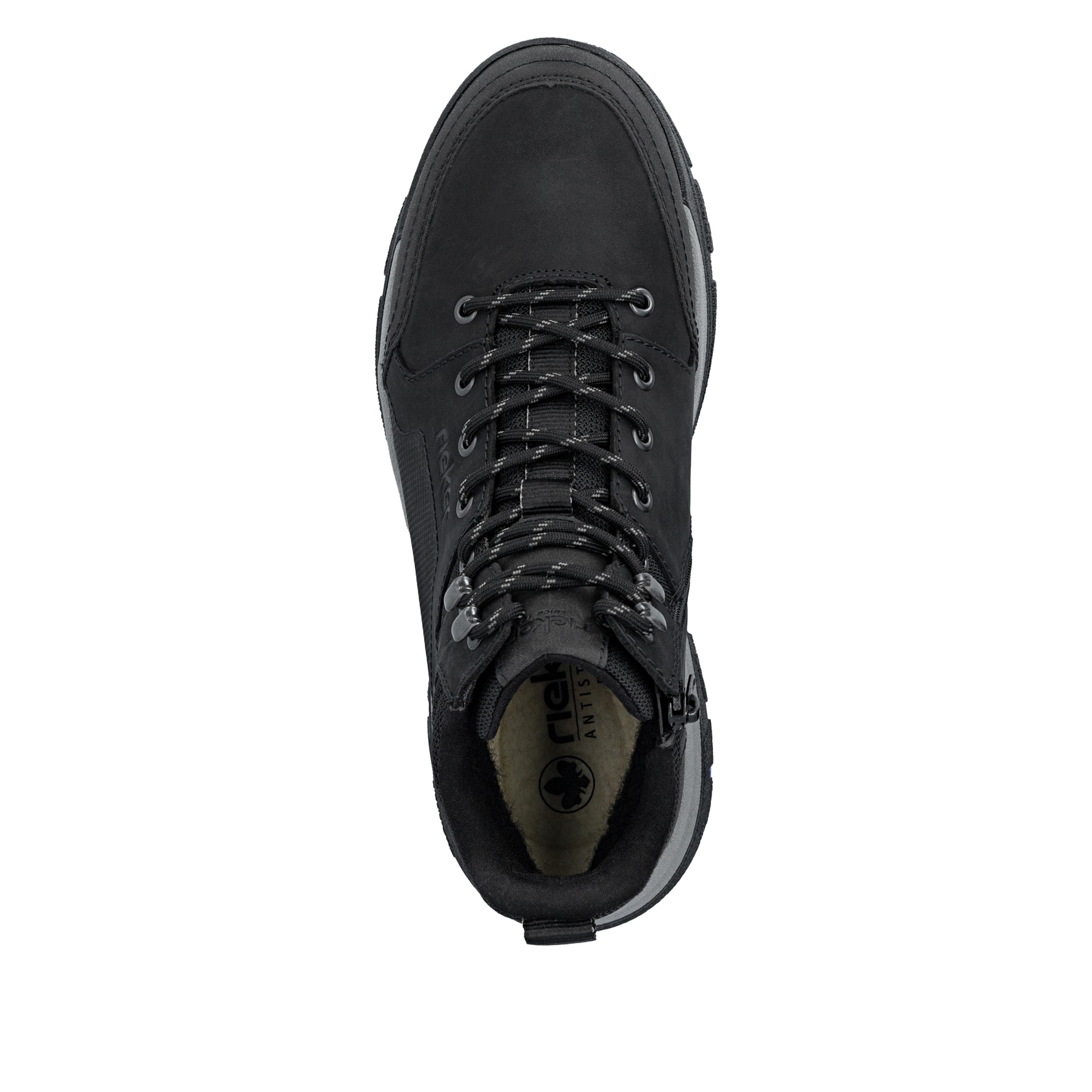 Schwarze Rieker Herren Schnürstiefel 30301-00 mit dem umdrehbaren Glacier Grip. Schuh von oben.