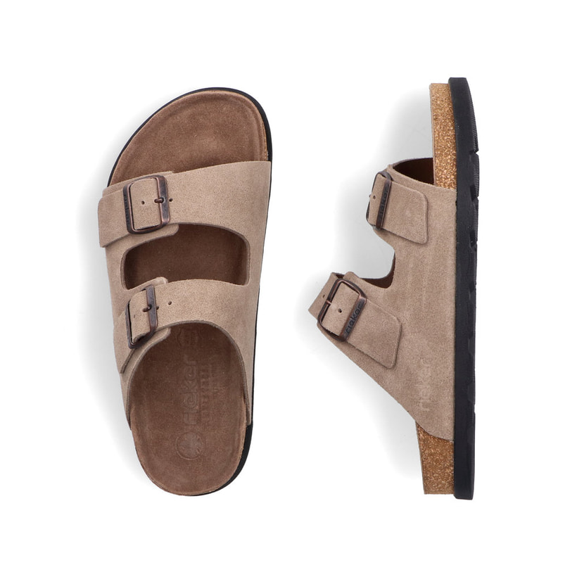 Braune Rieker Herren Pantoletten 21190-27 aus Rauleder mit Schnallen. Schuh von oben, liegend.