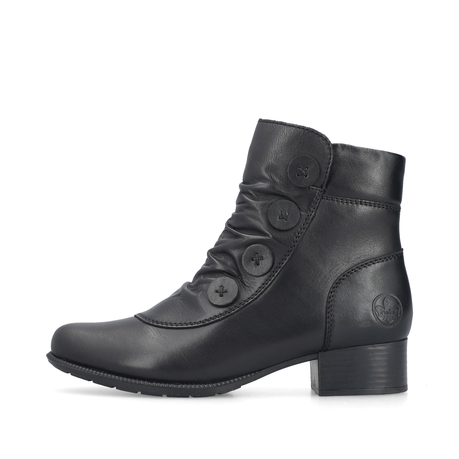 Bottines Rieker noires femme 78659-00 en cuir lisse avec fermeture éclair. Côté extérieur de la chaussure.